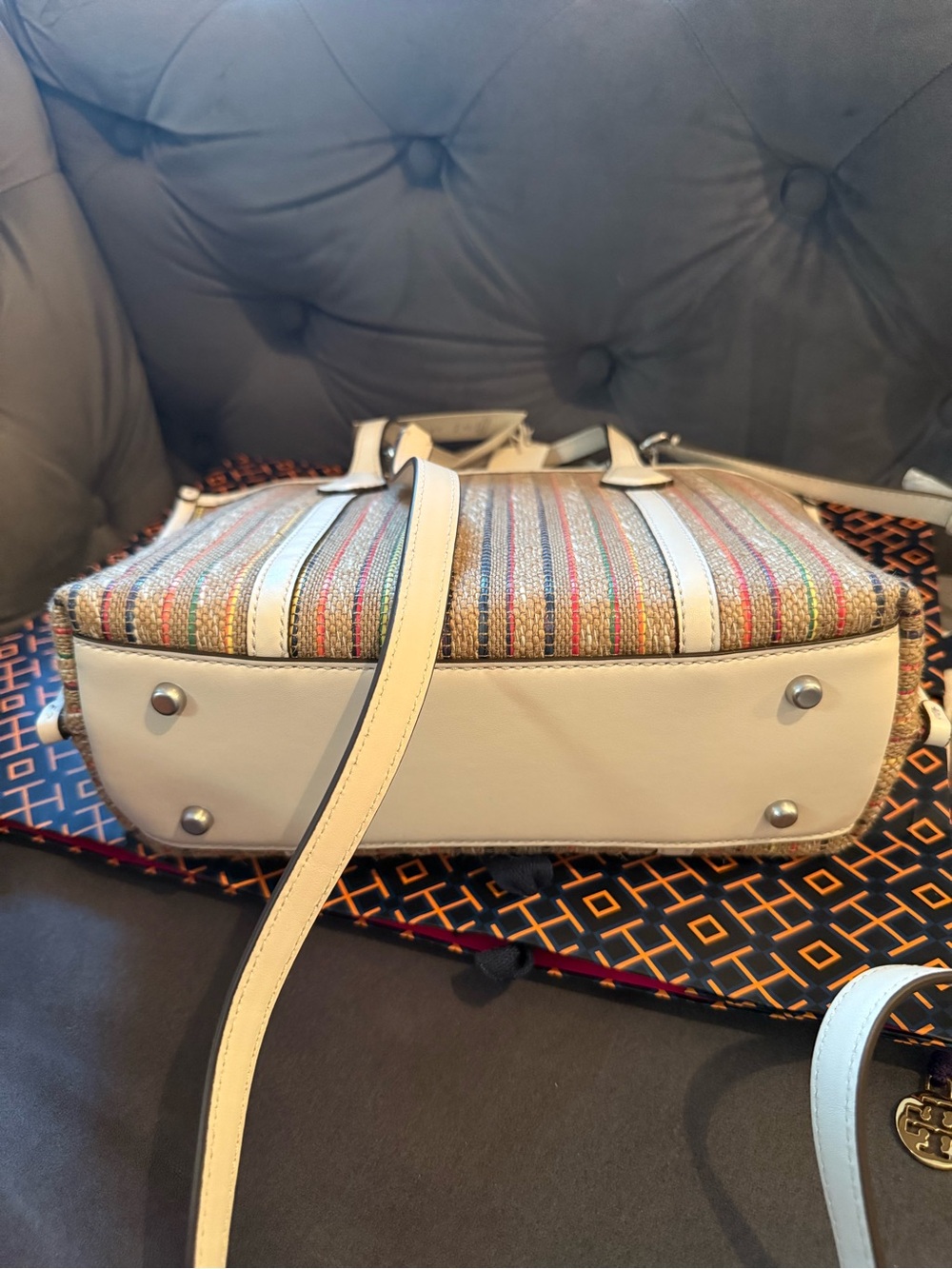 NWT Tory Burch Small Perry Striped Raffia Tote - Picture 11 of 14